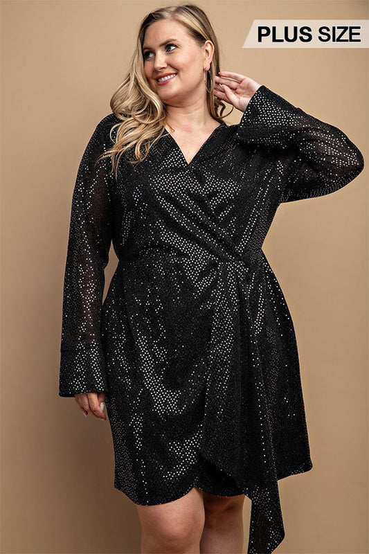 Metallic Wrap Dress With Split Cuff And Snap Buttons